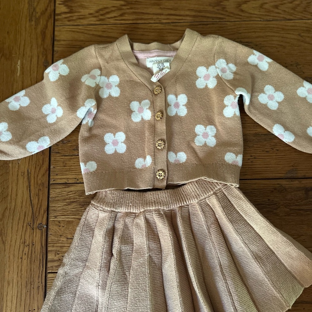 Tan Floral Cardigan and Skirt Set